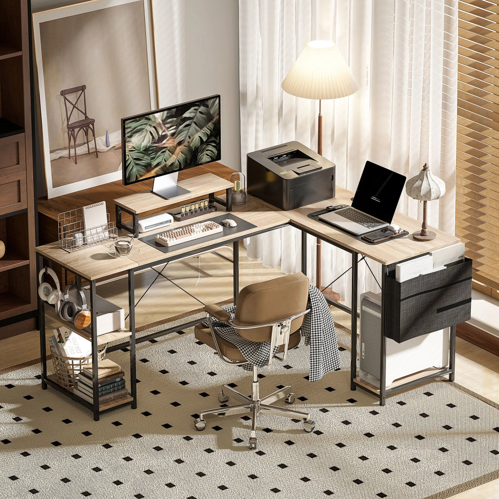 Scrivania Angolare Modulabile 168-240 cm ¨C Xylo ¨C Legno Rovere, Ripiani Regolabili, Supporto Monitor