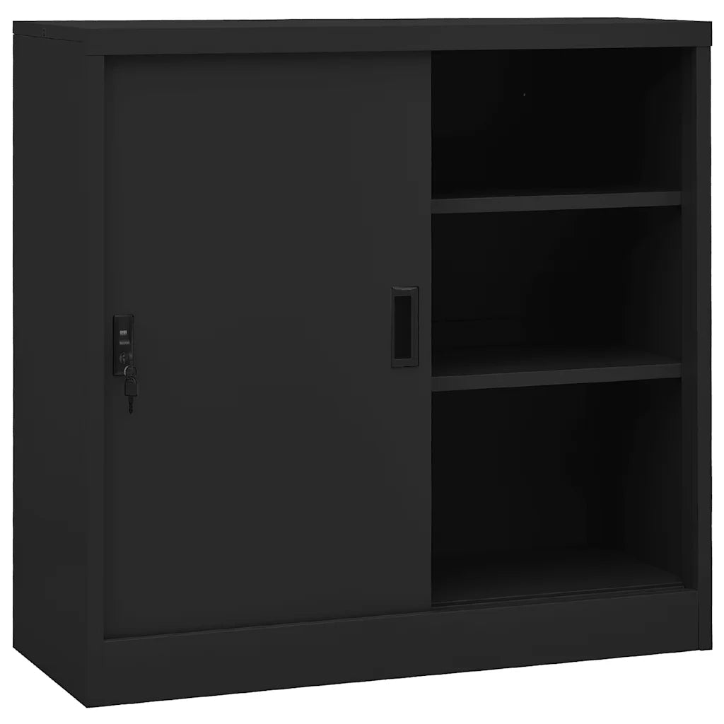 Robusto armadio da ufficio con ante scorrevoli serratura e ripiani regolabili in acciaio antracite dimensioni 90 x 40 x 90 cm. Codice articolo: 02_0046813.