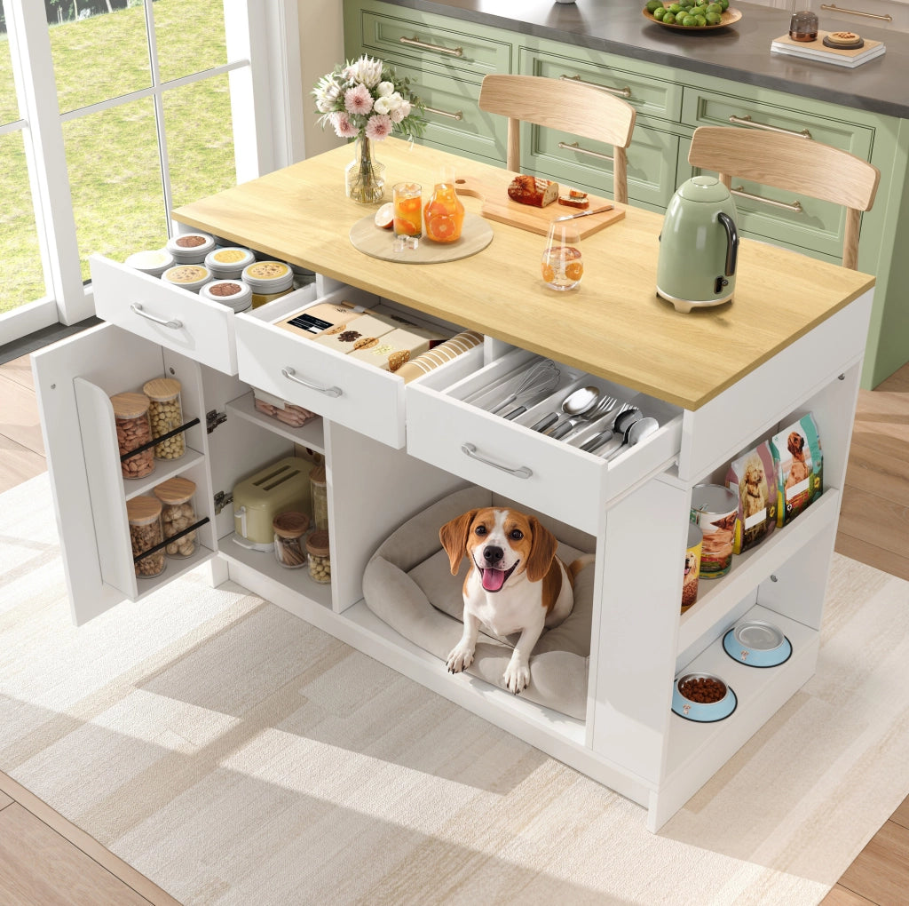 Isola da cucina con 3 cassetti, portaspezie, ripiano regolabile e ampio spazio per animali domestici, 120x60x90 cm, bianco