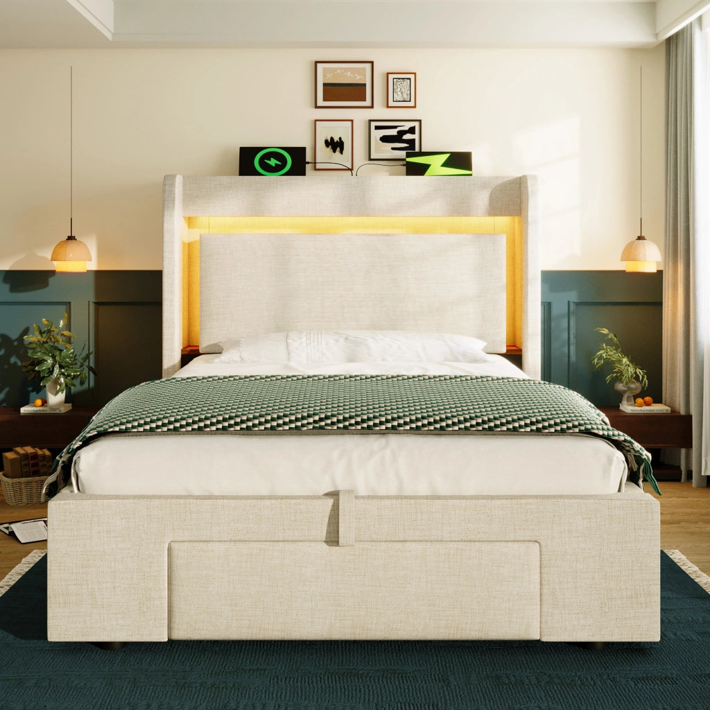 OKWISH Letto Contenitore 90×200 cm, Letto Singolo con Contenitore Idraulico, Cassetto, USB, Tipo C e LED Regolabile, senza Materasso, Lino, Beige