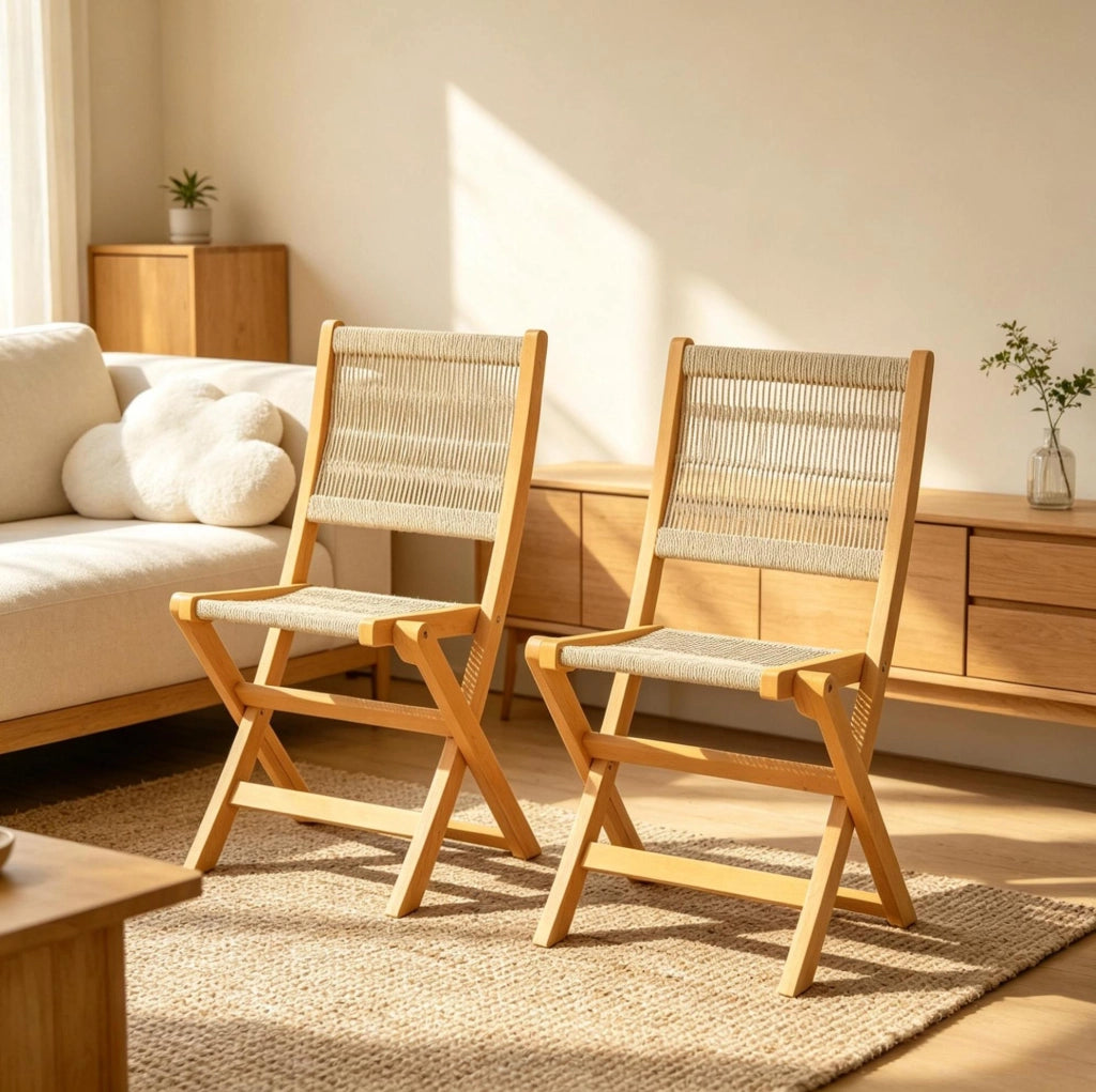 Set 2 sedie da giardino pieghevoli in legno di acacia e corda PP; beige e naturale