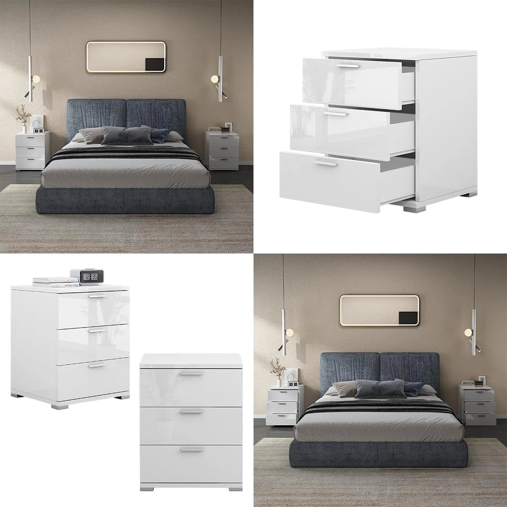 Comodino camera da letto Marseille, Bianco lucido, 46.2 x 60 cm, adatto per riporre oggetti di uso quotidiano e lampade