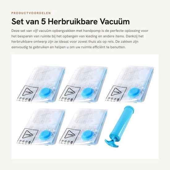 Set di contenitori di compressione 5 pezzi - Borse di compressione con pompa manuale - Borse riutilizzabili di compressione - Spazienti - 60 x 80 cm - Resistenti alle abrasioni e alle scalfitture