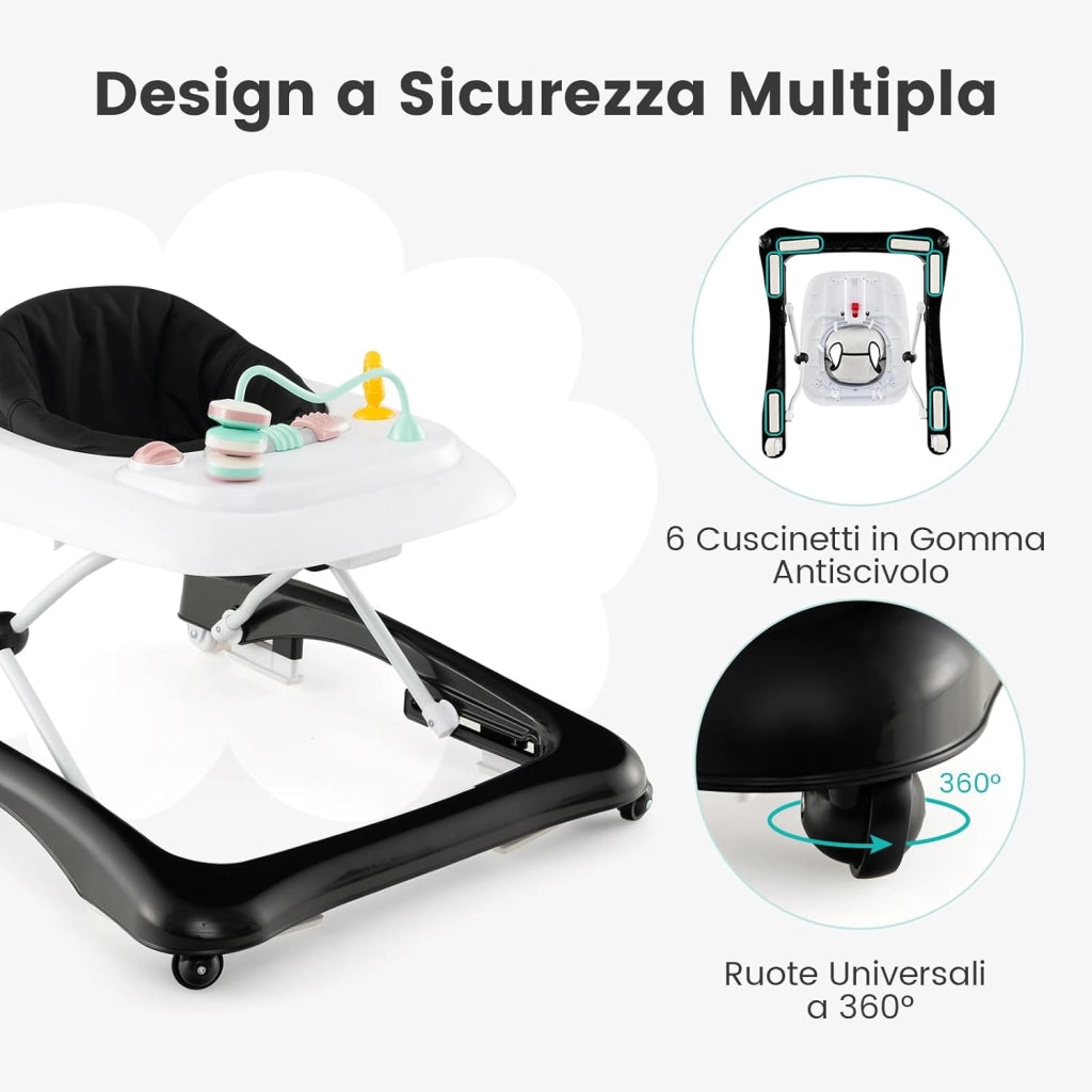 3 in 1 Girello per Bambini, Girello Pieghevole per Bambini, con 3 Altezze Regolabili, Sedile Imbottito e Piatto Giocattolo Rimovibile, Girello a Spinta con Ruote, per Bambini 6+ Mesi (Nero)