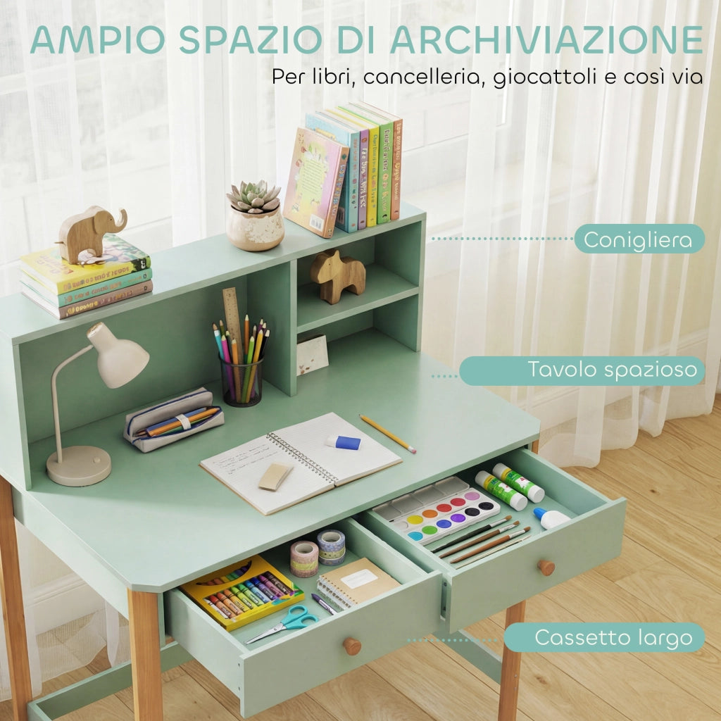 Scrivania per Bambini 5-12 Ani con 3 Ripiani e 2 Cassetti, in Legno, 90x52x105 cm, Verde