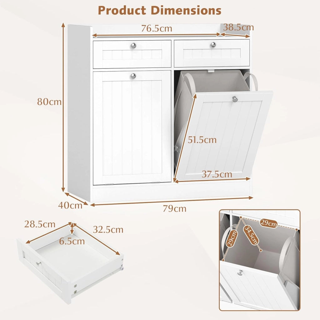 Armadietto da bagno con cesto per la biancheria, armadio da bagno con 2 cassetti e 2 sacchetti per la biancheria rimovibili, armadietto per il soggiorno e il bagno (79 x 40 x 80 cm)