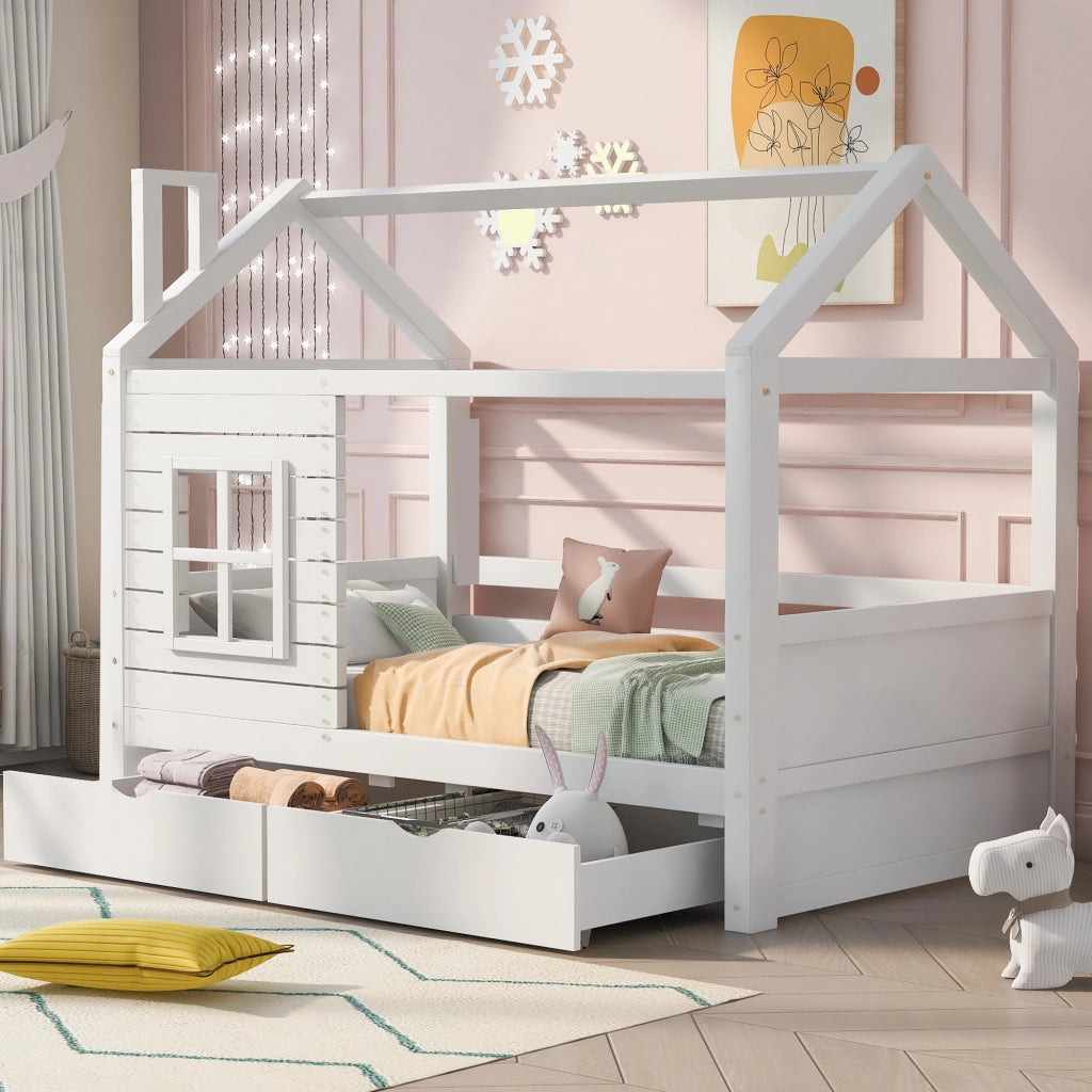 Letto per bambini a casetta 90x200 cm in legno massello di pino, bianco, con sponde, rete a doghe e 2 cassetti contenitore