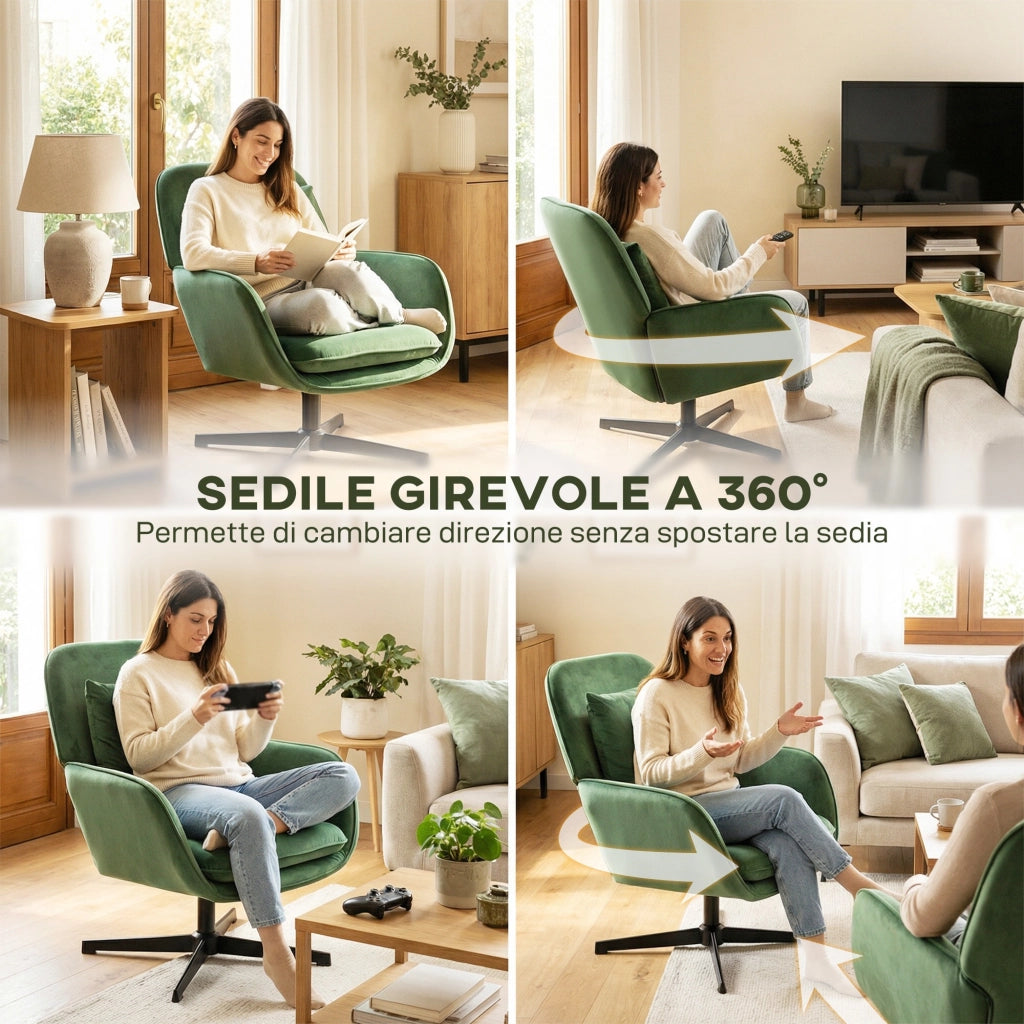 Poltrona da Salotto Girevole con Cuscino Lombare e Rivestimento in Tessuto Effetto Velluto, Verde