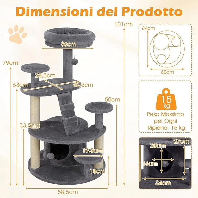 Albero per Gatti Adulti, Torre per Gatti Alta 101 cm con Condominio, Piattaforma Imbottita, Tiragraffi, Pallina di Peluche Pendente e Scala, Albero Tiragraffi in Legno per Interno (Grigio)