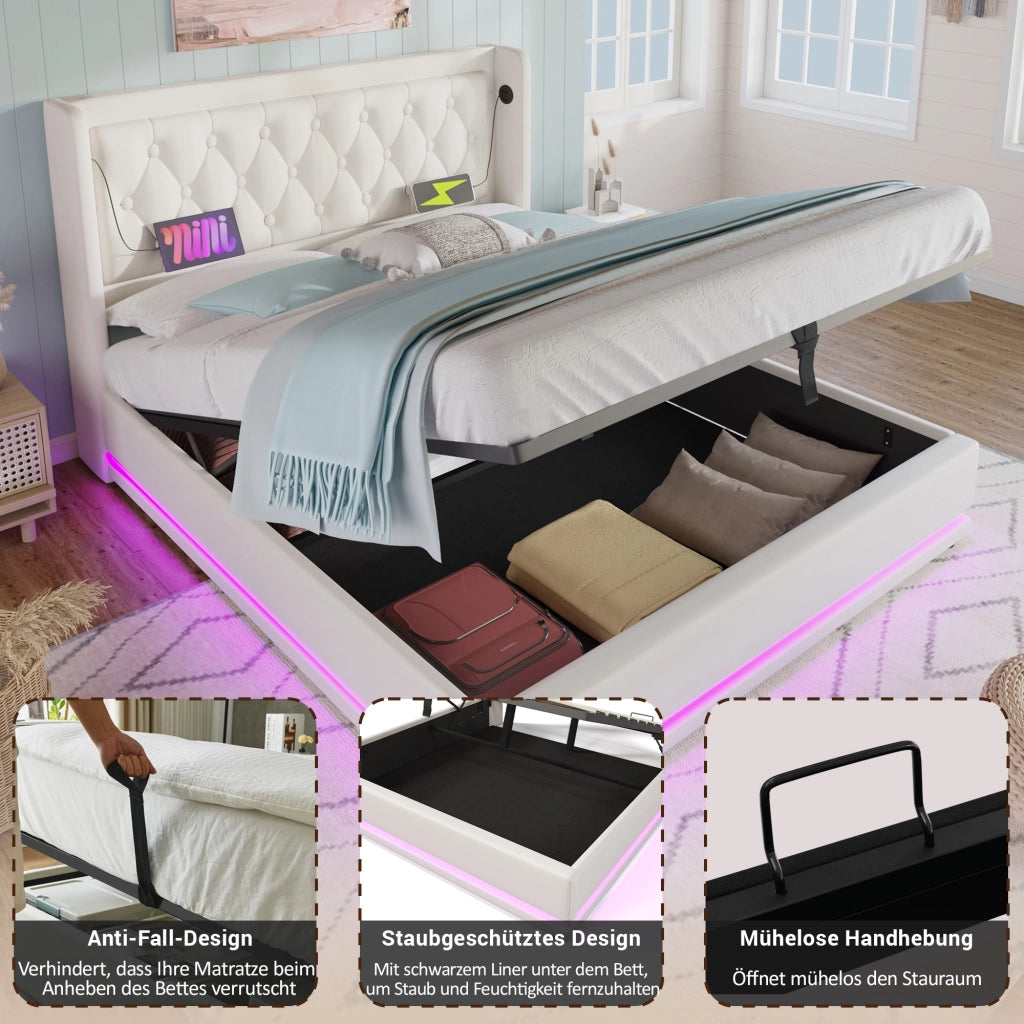 Letto Contenitore 160×200 cm; Matrimoniale con USB; USB-C e LED 3 Lati; senza Materasso; PU Bianco