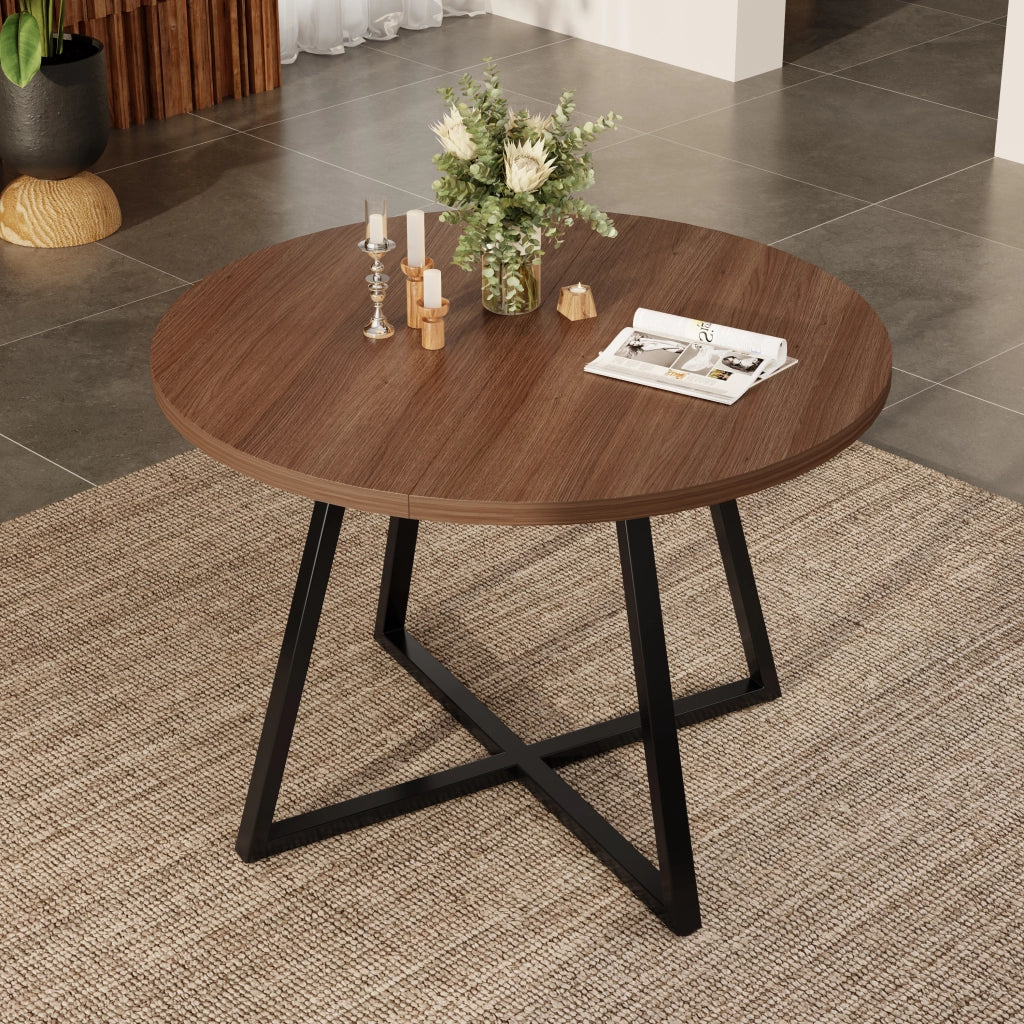 Tavolo allungabile 100/140x100 cm in MDF colore noce, piano spesso 3 cm, struttura in metallo, per 4-6 persone
