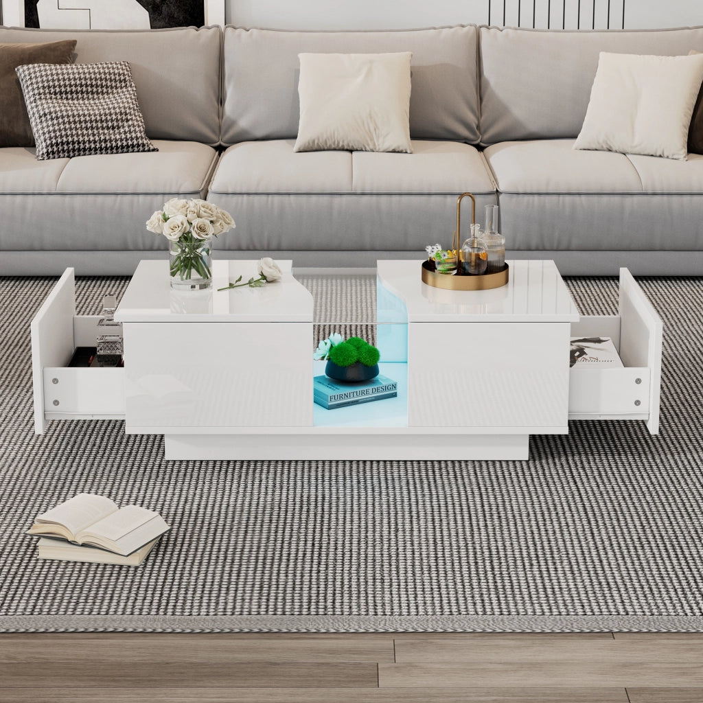 Tavolino da caffè moderno bianco lucido con LED, 100 x 50 x 35 cm, con 2 cassetti e piano in acrilico, struttura in MDF