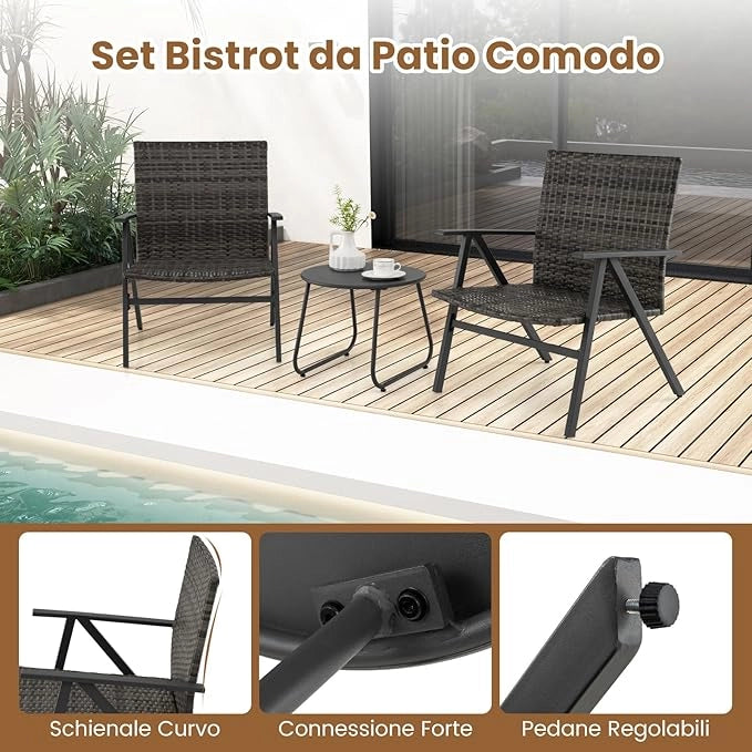 Set Tavolino e 2 Sedie, Salottino da Giardino Esterno con 2 Poltrone con Braccioli in Metallo con Schienale e Seduta in Rattan, Set da Giardino per Balcone, Veranda e Bordo Piscina
