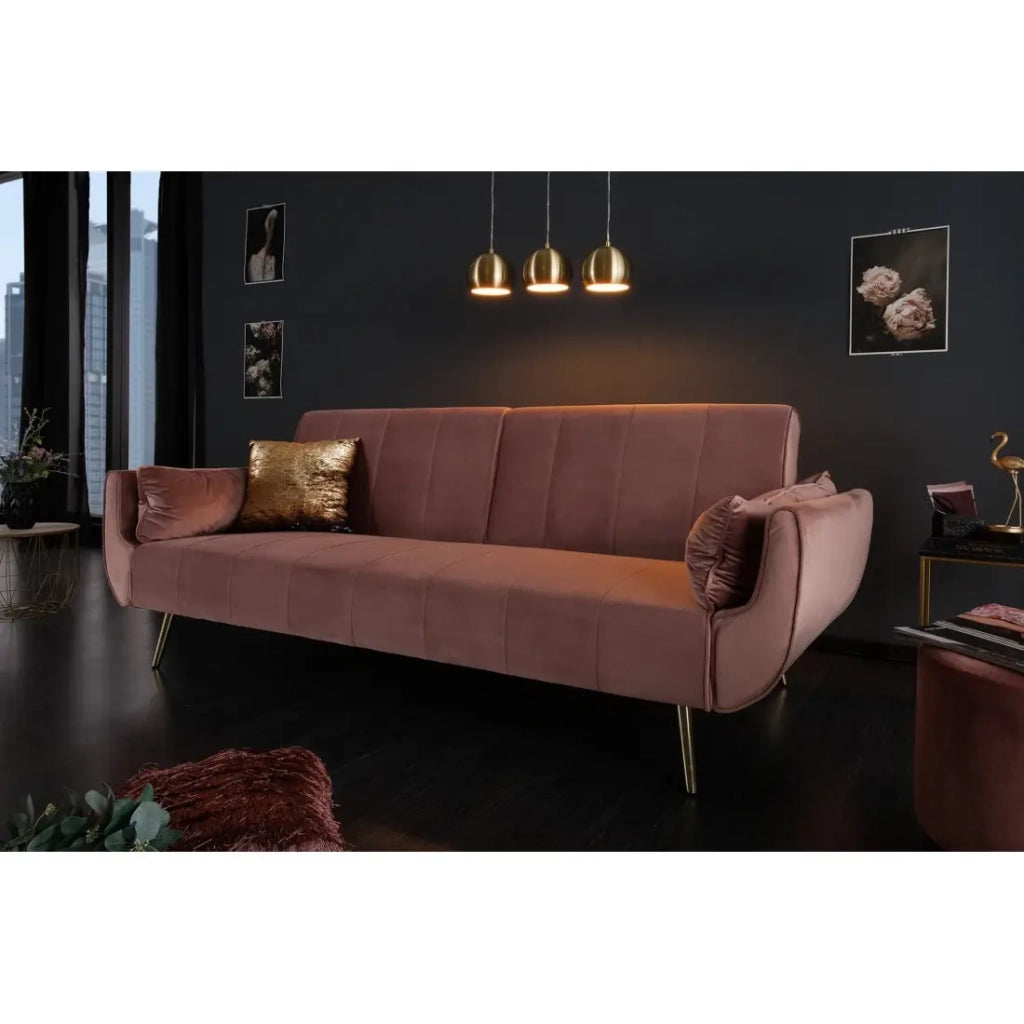 Divano dritto DANNA rosa cipria – Divano scandinavo trasformabile in velluto con piedi in metallo