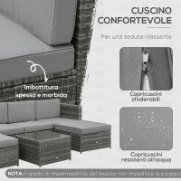 Set da 7 Pezzi Salotto da Esterni in Rattan con Poltrona Pouf Tavolino Grigio