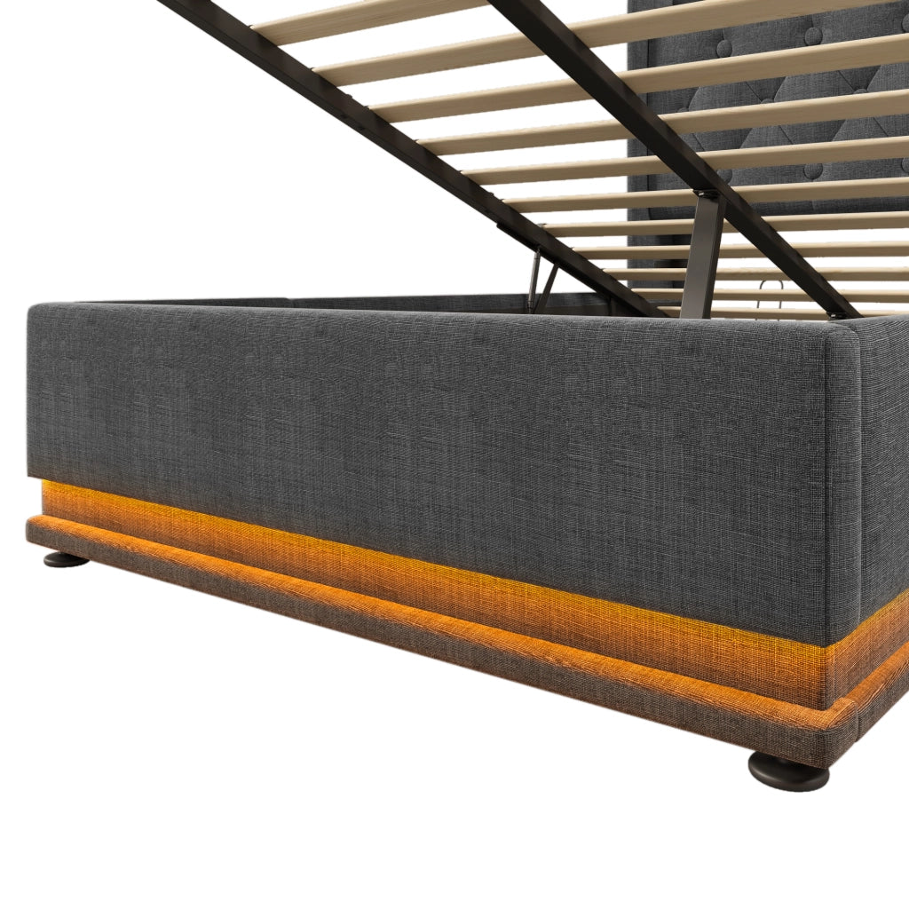 Letti contenitori 90x200 cm; LED 360°; contenitore idraulico; lino grigio (Senza materasso)