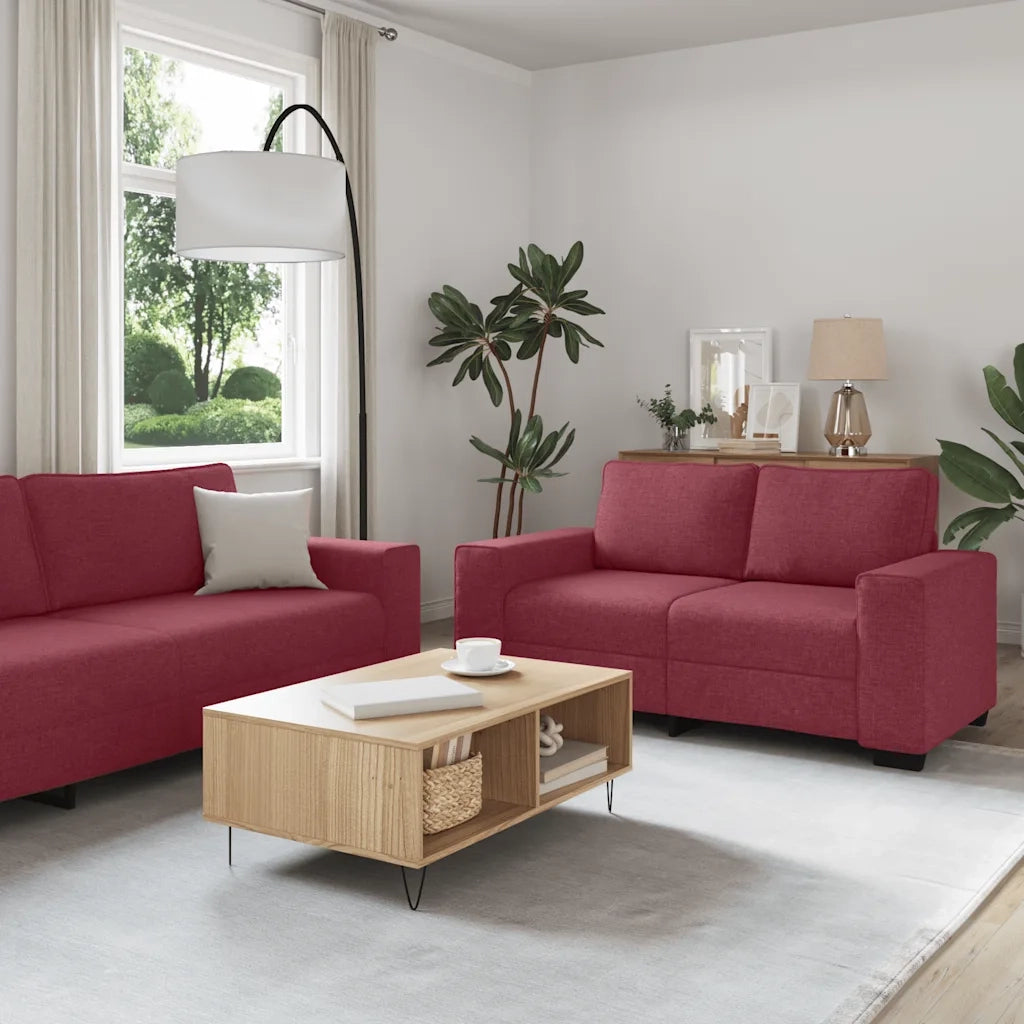 Set di Divani 2 pz con Cuscini Rosso Vino in Tessuto