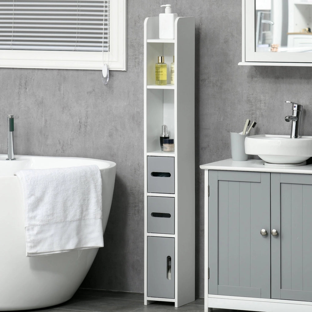 Mobile a Colonna con Mensole e Armadietti 15x17x120 cm in MDF e Legno Truciolare Bianco e Grigio