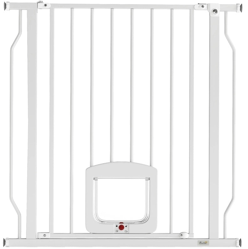 Cancello di Sicurezza per Scale 75-85 cm in Acciaio con Porta per Gatti Senza Fori Bianco