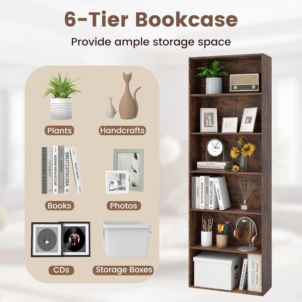 Libreria a 6 Livelli, Mobile Contenitore Aperto con 2 Kit Anti-Ribaltamento, Piedini Antiscivolo, Scaffale Moderno per Soggiorno, Camera da Letto e Ufficio, 660 x 23,5 x 178 cm (Marrone)