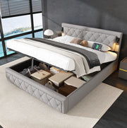 Letto 180x200 cm con contenitore idraulico, LED e USB, rivestito in lino grigio