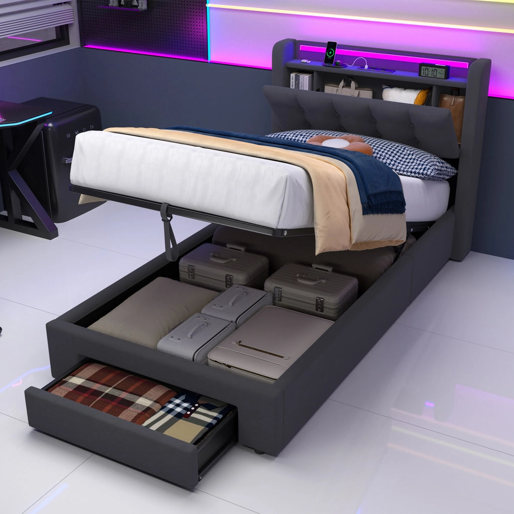 LETTO Imbottito 90 x 200 cm in Velluto con LED, USB e Contenitore