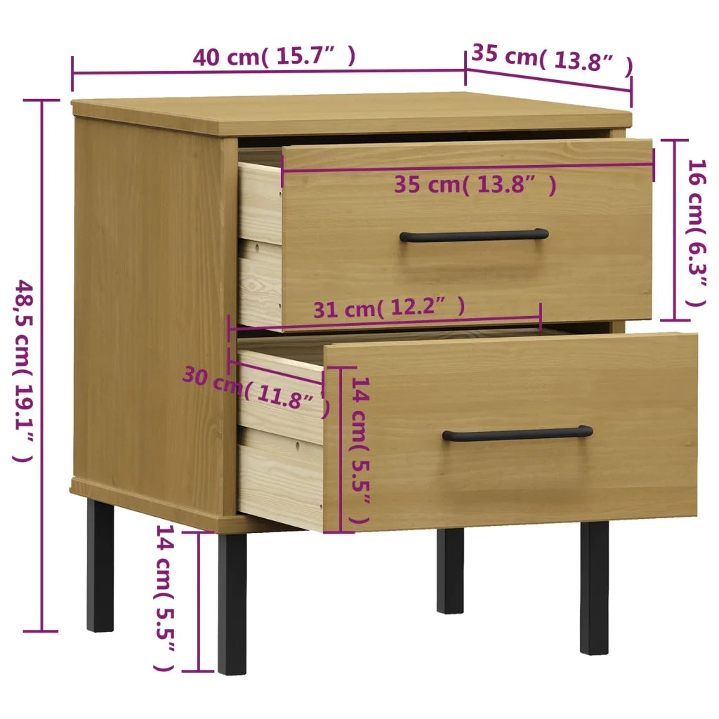 Comodino con Gambe in Metallo Marrone Legno Massello Pino OSLO 350973