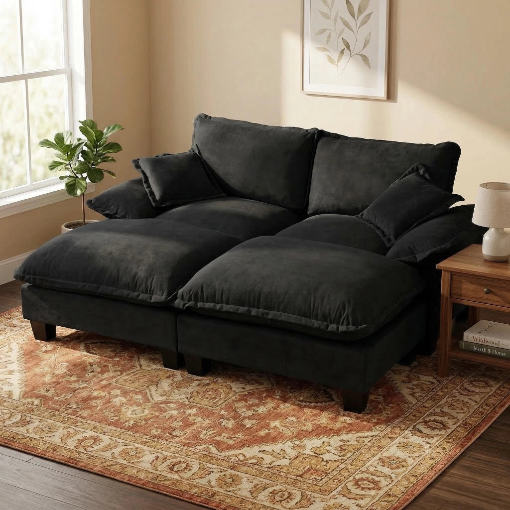 Divano modulare angolare con braccioli ampi, schienale rinforzato, tessuto chenille nero 194 × 151 × 90 cm
