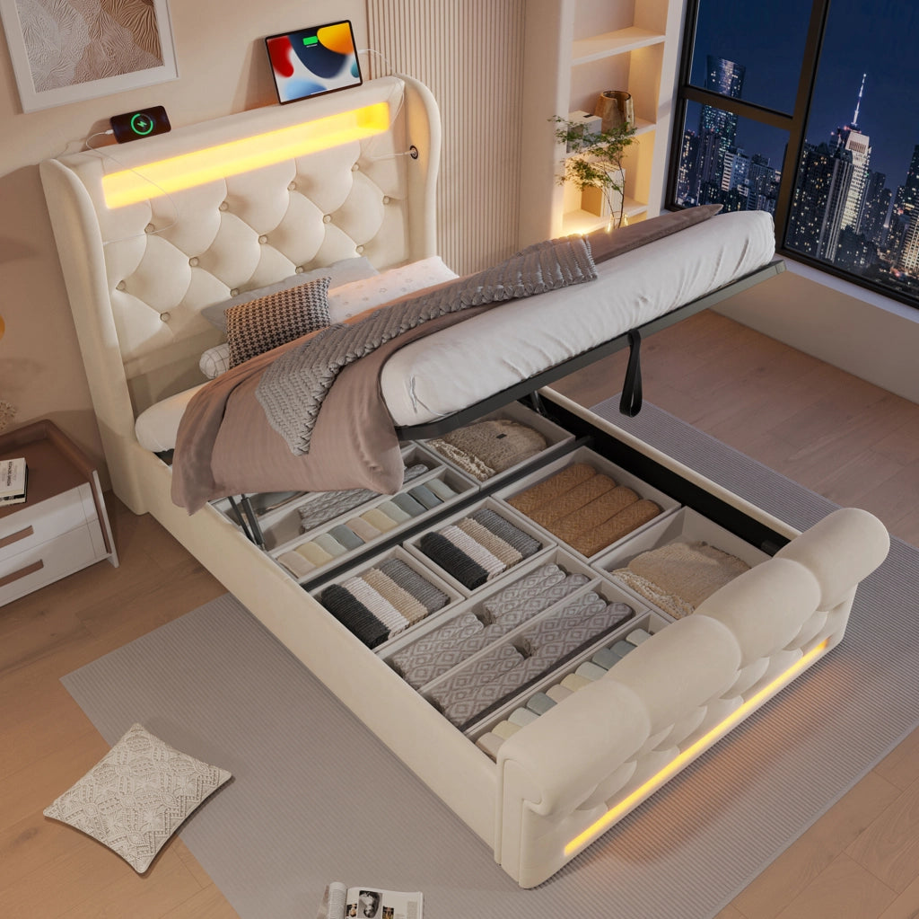 Letto imbottito 90x200 cm con LED; contenitore idraulico; USB e Type-C; beige in velluto