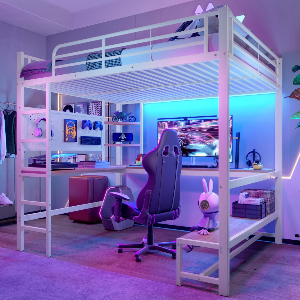 LETTO A CASTELLO 140 x 200 cm con scrivania, LED, USB-C, bianco