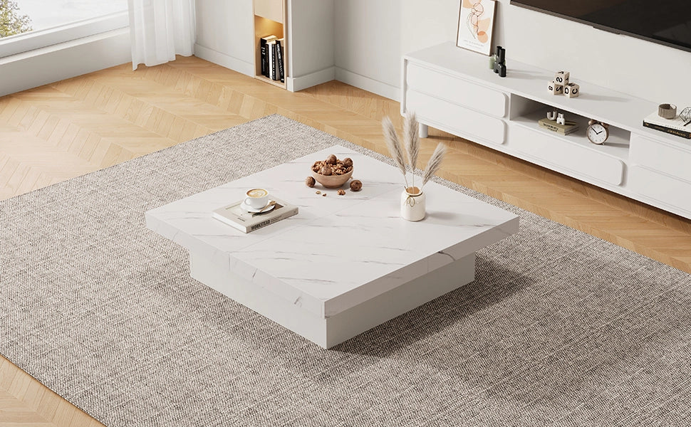 TAVOLINO DA SALOTTO 90 x 90 x 25 cm Bianco effetto marmo con 4 cassetti