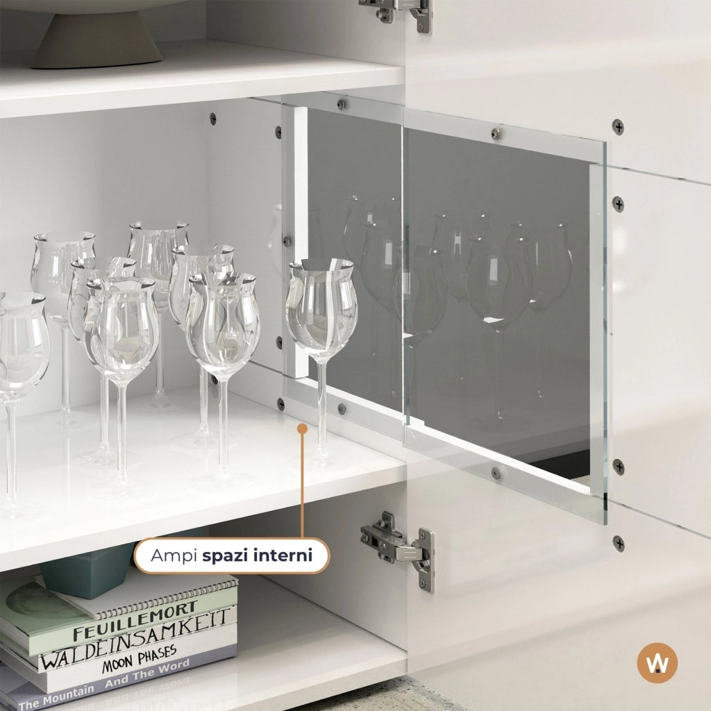 WHOUS Credenza Egypt a 4 ante con inserti in vetro espositivi bianco lucido 180x40x80 cm