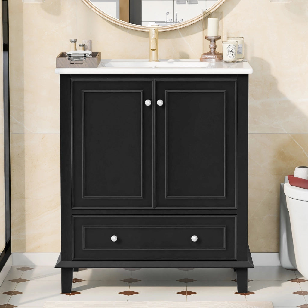 Mobile sottolavabo con lavabo in ceramica e 2 ante 1 cassetto ripiano regolabile per bagno in MDF laccato moderno