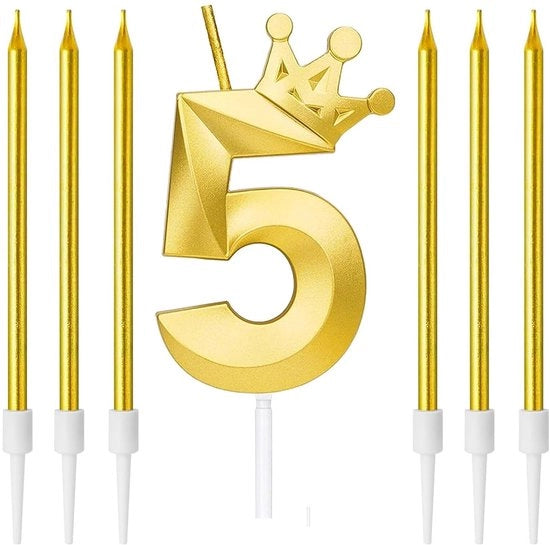 Set di candele per compleanni da 6 - candela digitale 3D con corona - numero di compleanno 5 - candele lunghe - decorazioni per festa di compleanno - candele dorate - candele per torta