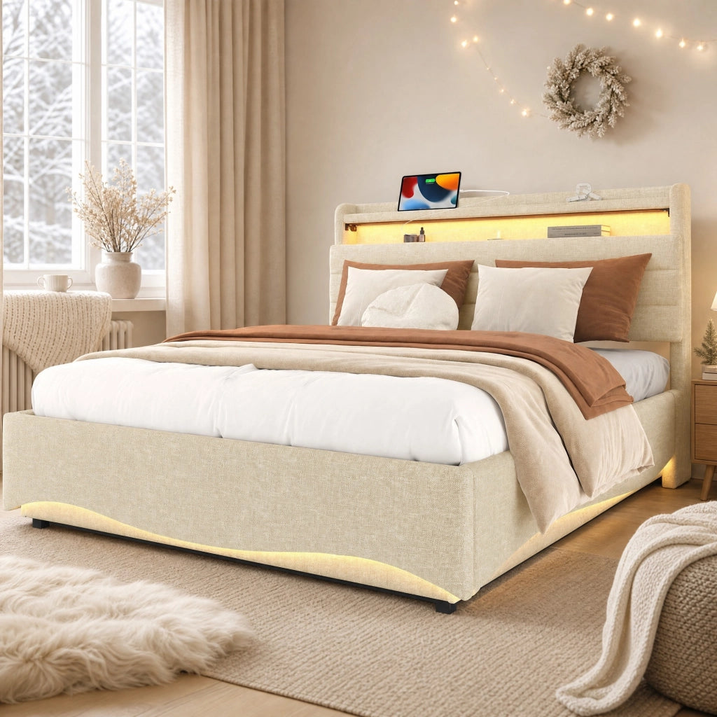 Letto contenitore matrimoniale 140x200 cm con LED; porte USB e Type-C; lino beige