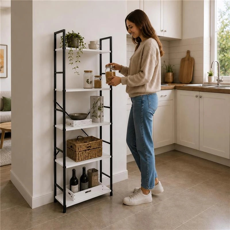 LIBRERIA STILE INDUSTRIAL A 5 RIPIANI IN LEGNO E METALLO DIMENSIONI 59X24X144CM - COLORE BIANCO LEGNO