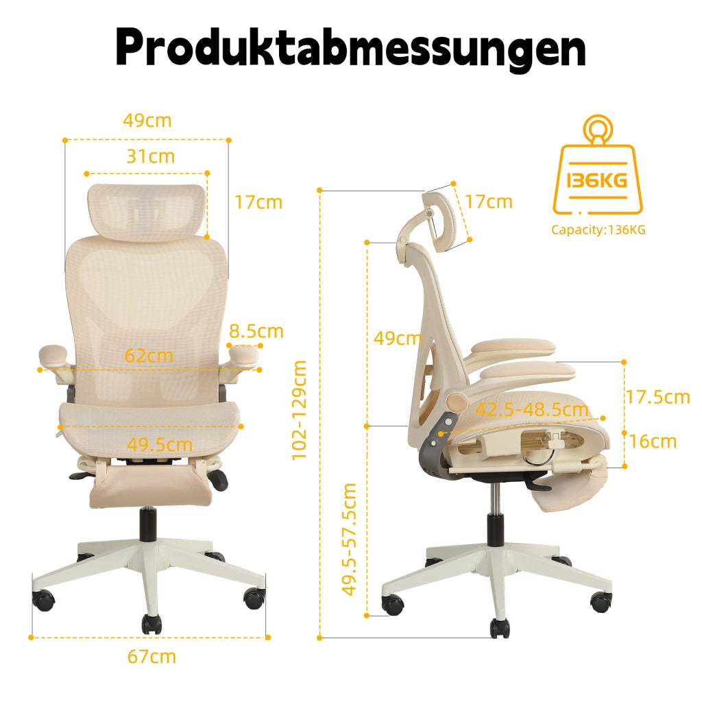 Sedia da ufficio ergonomica pieghevole in rete con poggiatesta regolabile e supporto lombare salvaspazio crema