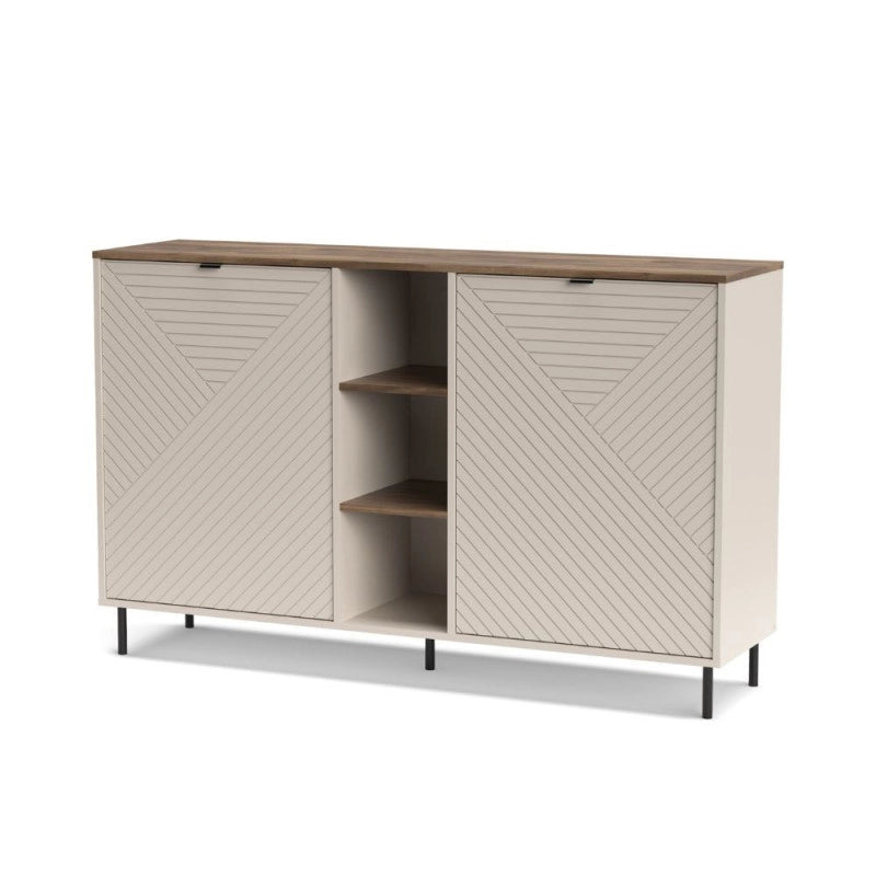 Credenza Mirage08 con 2 ante con motivo geometrico e ripiani a giorno colore cashmere e rovere