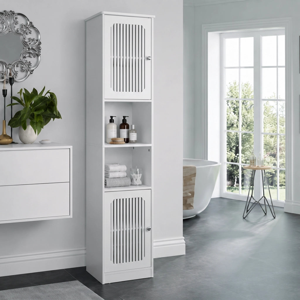 Armadietto da bagno con ripiani regolabili e 2 vani aperti, ante a lamelle, bianco, 92.5 × 37.3 × 15.7 cm