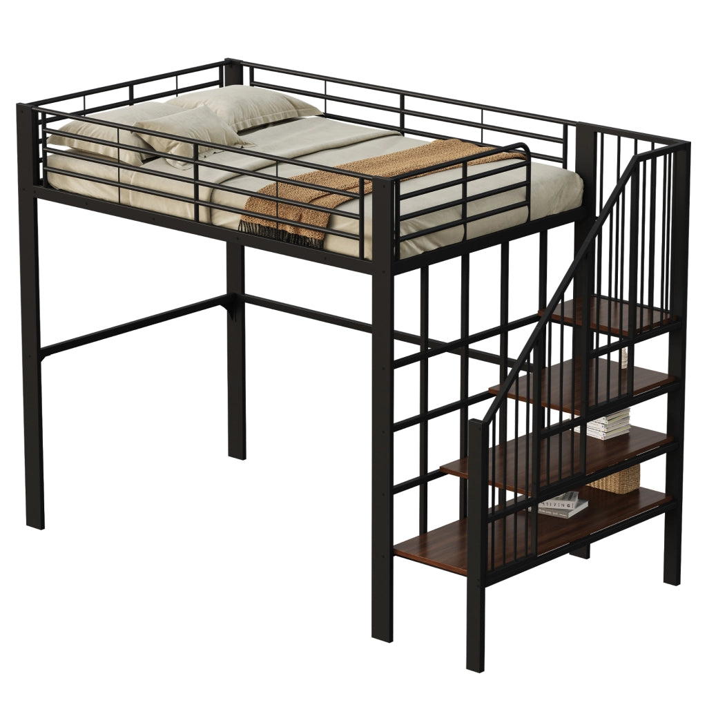 Letto a castello nero in metallo e legno con funzione contenitore 140x200 cm