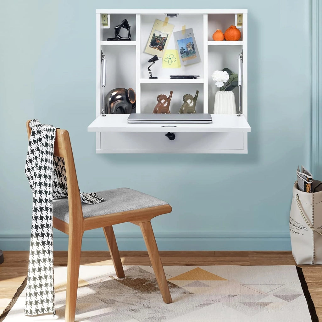Scrivania Pieghevole a Muro, Tavolo da Parete con Ripiani e Cassetto e Piano Ribaltabile, Scrivania a Ribalta da Parete Multiuso da Studio Camera da Letto e Soggiorno (Bianco)