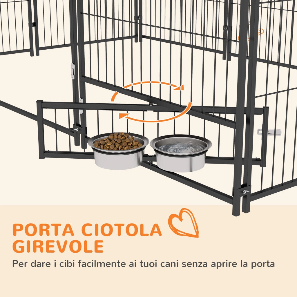 Recinto per Cani 211x141x151 cm con Porticina per Ciotole in Metallo e Tessuto Oxford Nero e Marrone
