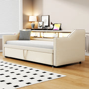 Divano letto 90x190 cm estraibile con vani portaoggetti e USB in tela di juta beige
