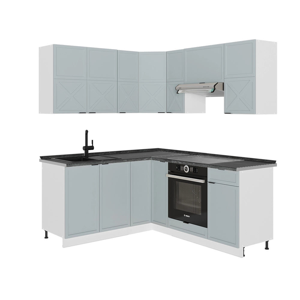 Cucina angolare completa Fame-Line Blu-grigio chiaro/Bianco 190 x 60 cm, PL Antracite Vicco