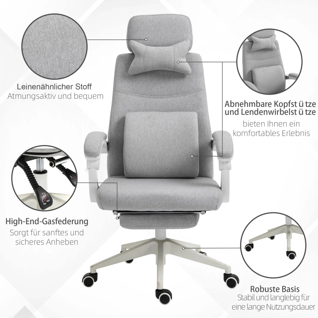 Sedia da ufficio ergonomica girevole con poggiapiedi, schienale reclinabile e rotelle, in poliestere grigio