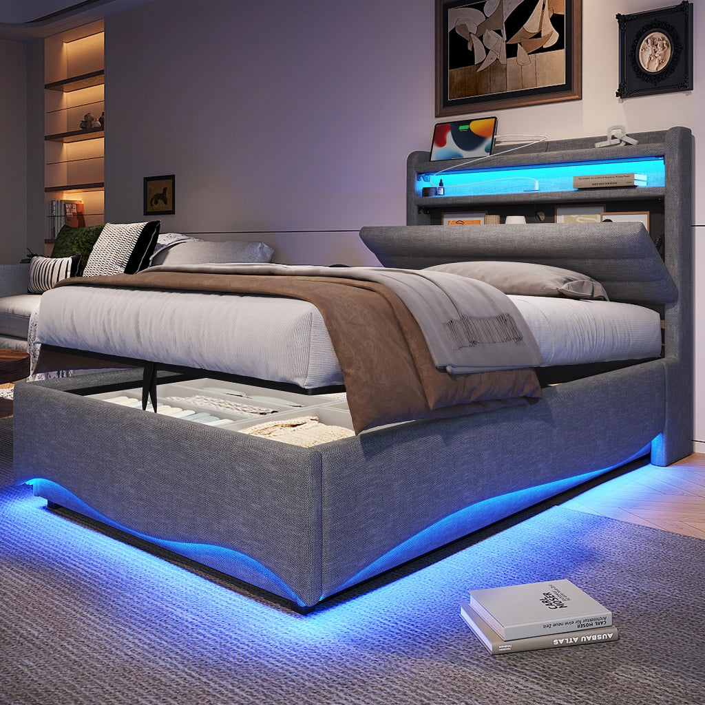 Letto imbottito 90x200 cm in lino grigio con LED, USB e Tipo-C, contenitore idraulico, senza materasso