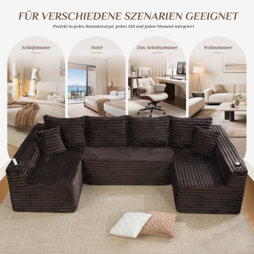 Divano modulare a U con portabicchieri e tasche laterali in corduroy marrone 320 × 155 × 88 cm