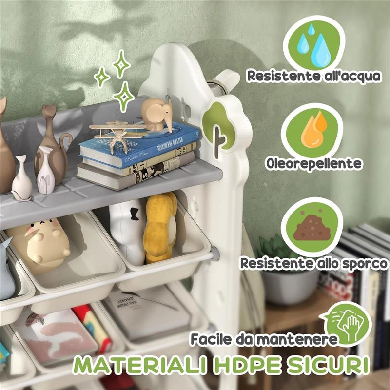 SCAFFALE PORTAGIOCHI A 4 LIVELLI CON 9 CONTENITORI E GANCIO LATERALE IN HDPE 77X42X94 CM BIANCO CREMA