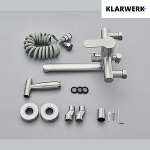 MASSIMO | Miscelatore Catering a parete Argento|Rubinetto cucina professionale in acciaio inox con doccetta|Beccuccio piatto da parete per ristorante