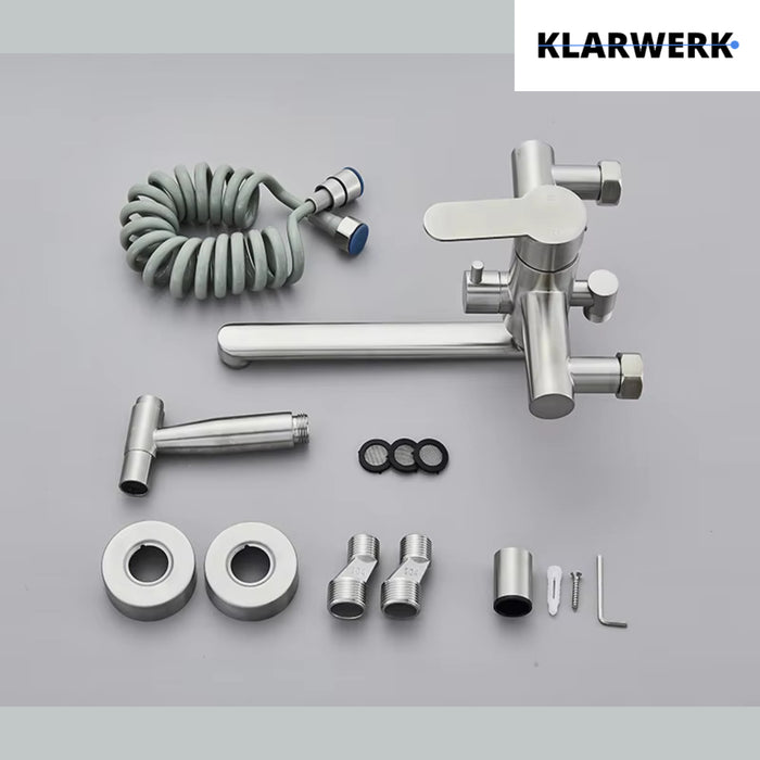 MASSIMO | Miscelatore Catering a parete Argento|Rubinetto cucina professionale in acciaio inox con doccetta|Beccuccio piatto da parete per ristorante